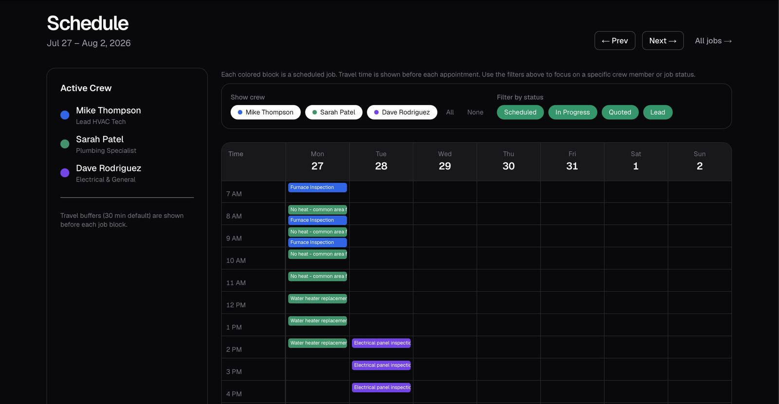 SoloPro's scheduling view showing a weekly calendar with crew members, time slots, and color-coded job blocks for HVAC, plumbing, and electrical work